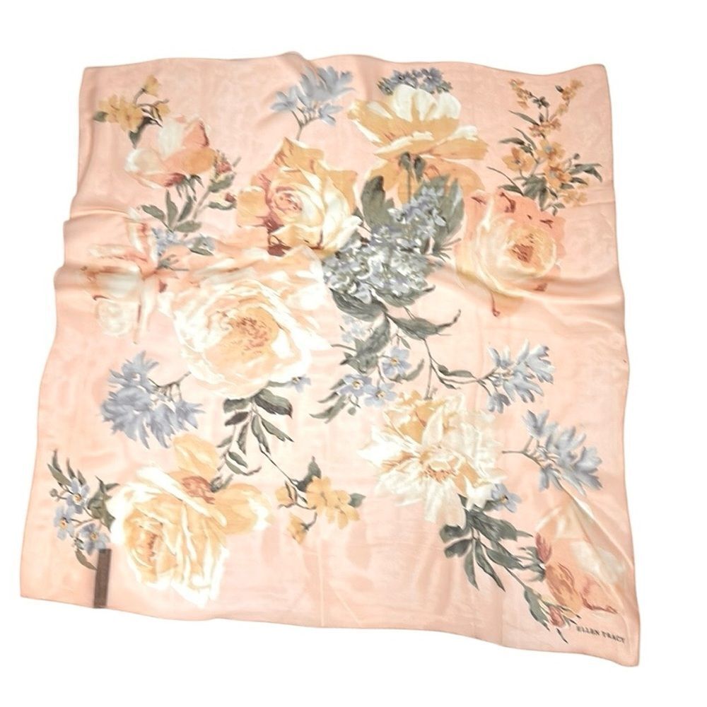 Ellen Tracy Silk Square Scarf Peach Roses Floral Print Lightweight Chiffon